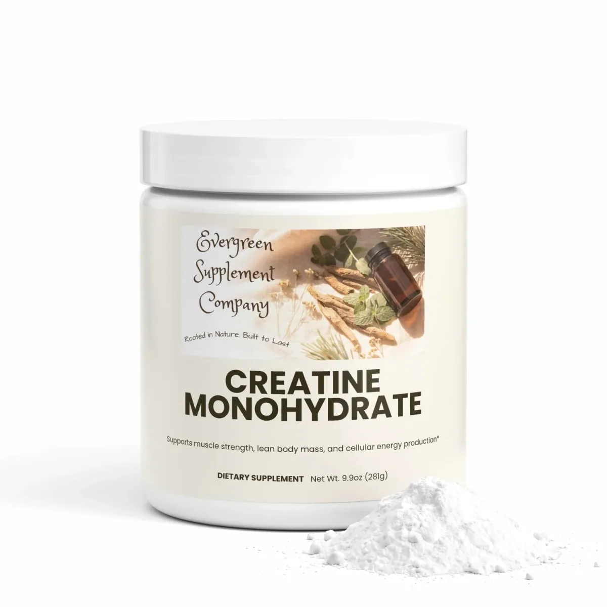 A tub of Creatine Monohydrate beside a mound of white powder