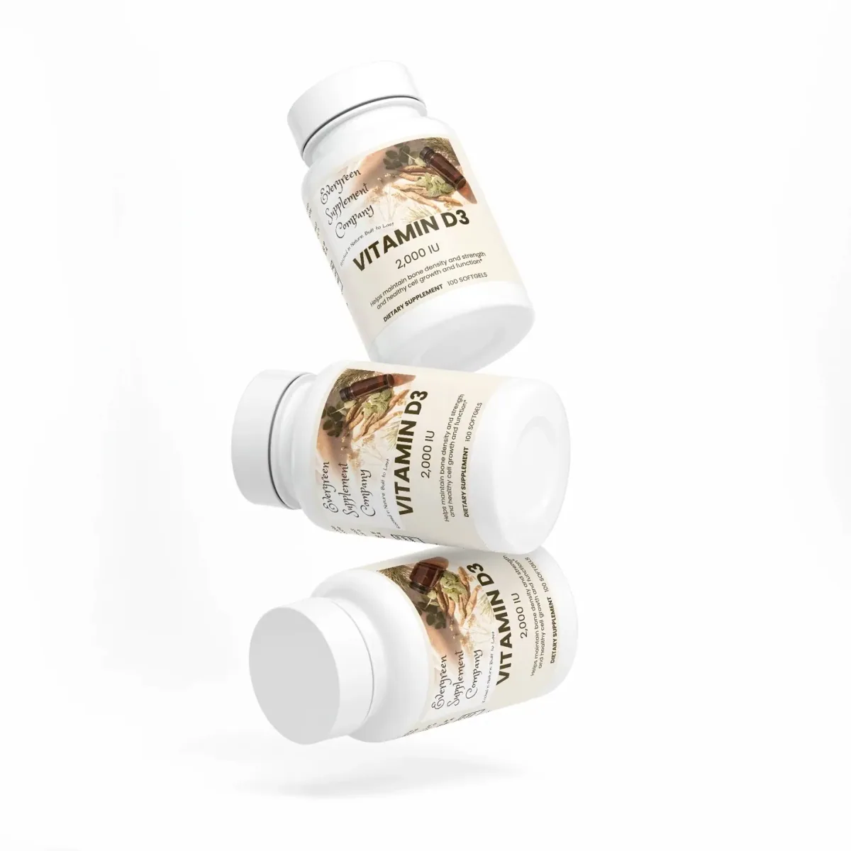 Three bottles of Vitamin D3 2,000 IU softgels