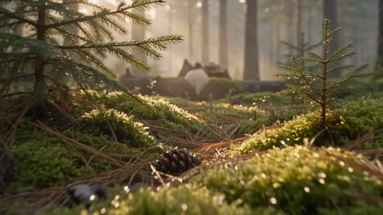 Morning light over a mossy forest floor with wild mushrooms